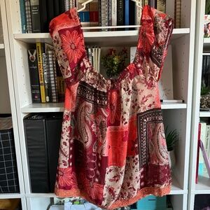 Pink and red patchwork design top with a cute floral design and lace trim